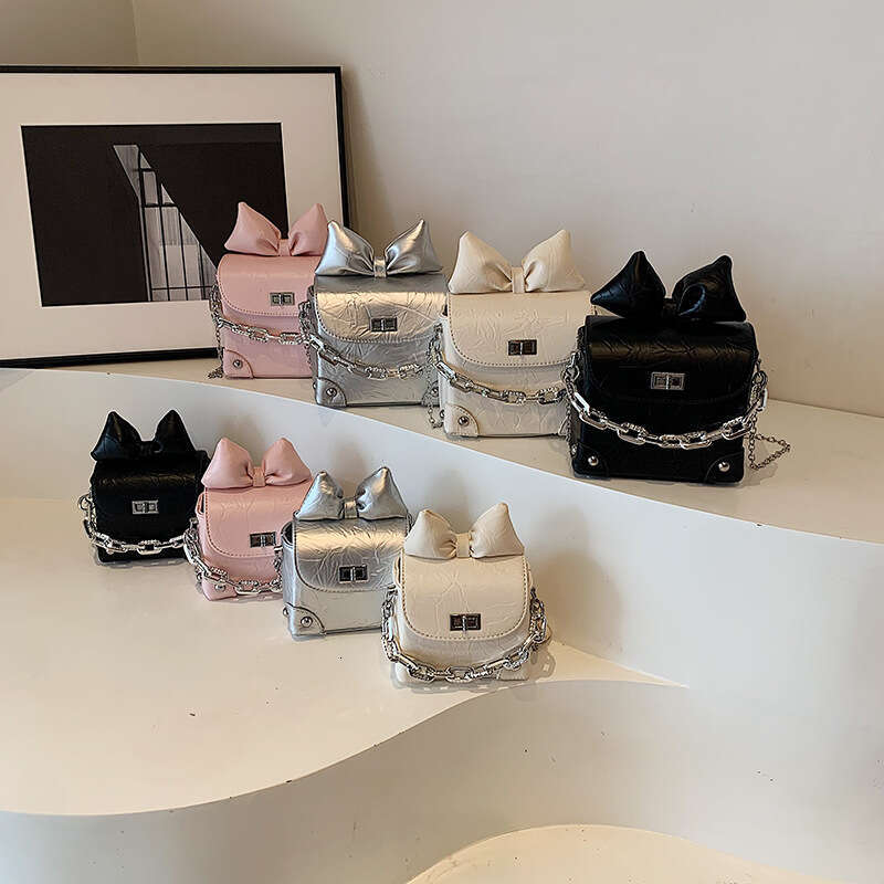 Crossbody Trendy Mini for Women New Solid Color Bow Chain Handbag Small Square Shoulder Bag