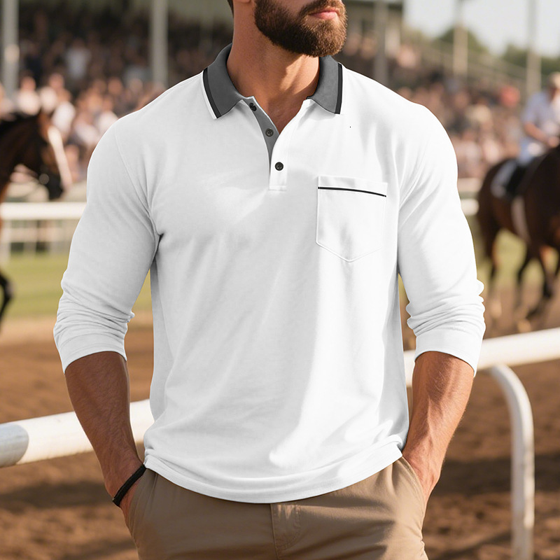 Spring and Autumn American Style Long Sleeve Men's Simple Luxury Turn-Down Collar Patchwork Real Pocket Polo Shirt