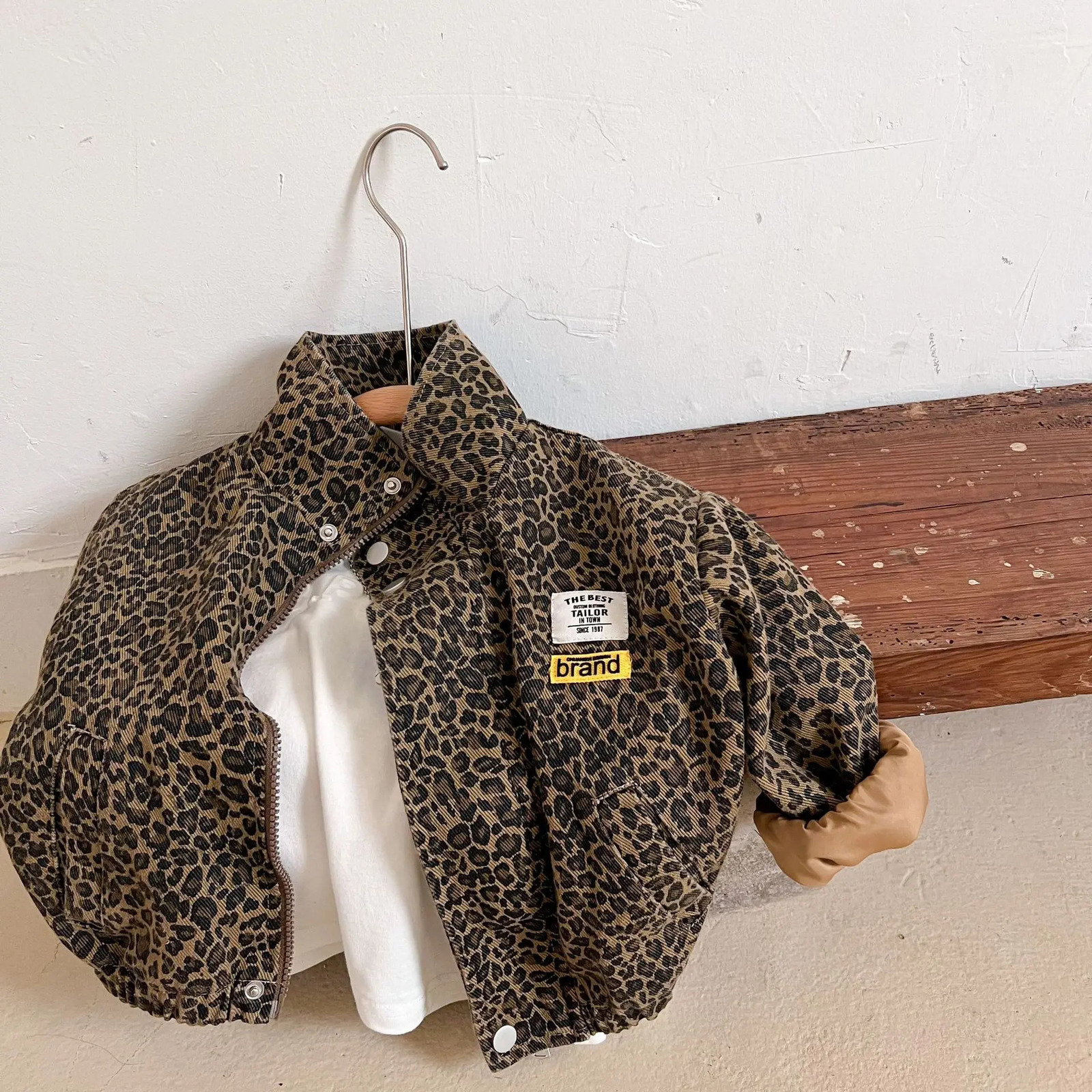 AYNIGIELL Spring Autumn Childrens Casual Long-sleeved Jacket Boys Korean Leopard Print Jacket Girls Short Denim Coat 250716