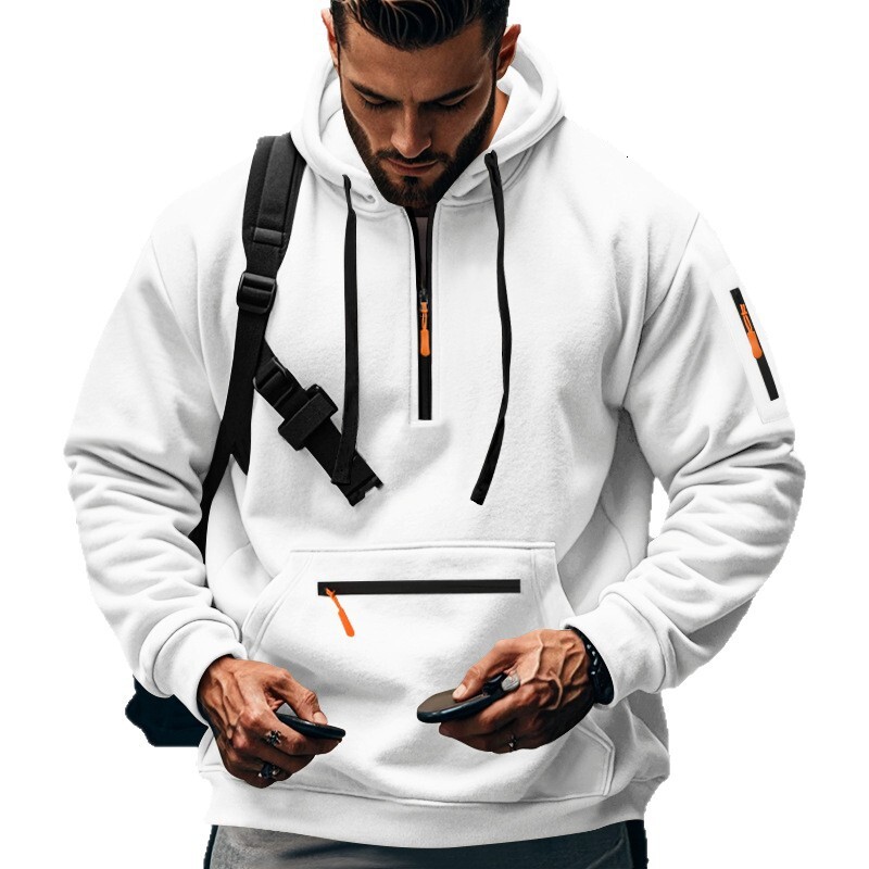 2025 European Size Autumn Winter Fleece Men's Set Pocket Hoodie Multi-Zip Sweatshirt