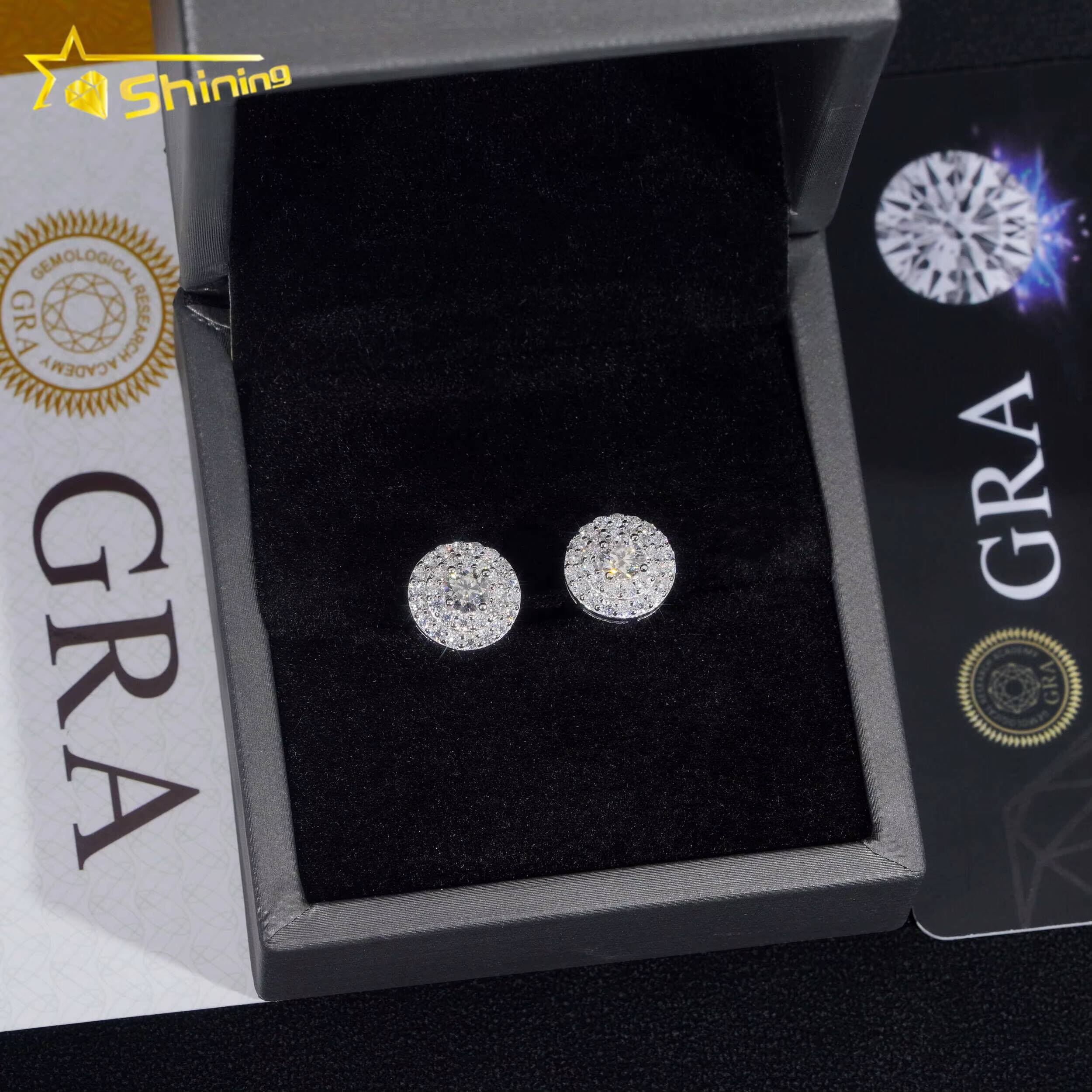 Pass Diamond Tester 925 Sterling Silver Round Cluster Iced Out Mens Moissanite Stud Earrings