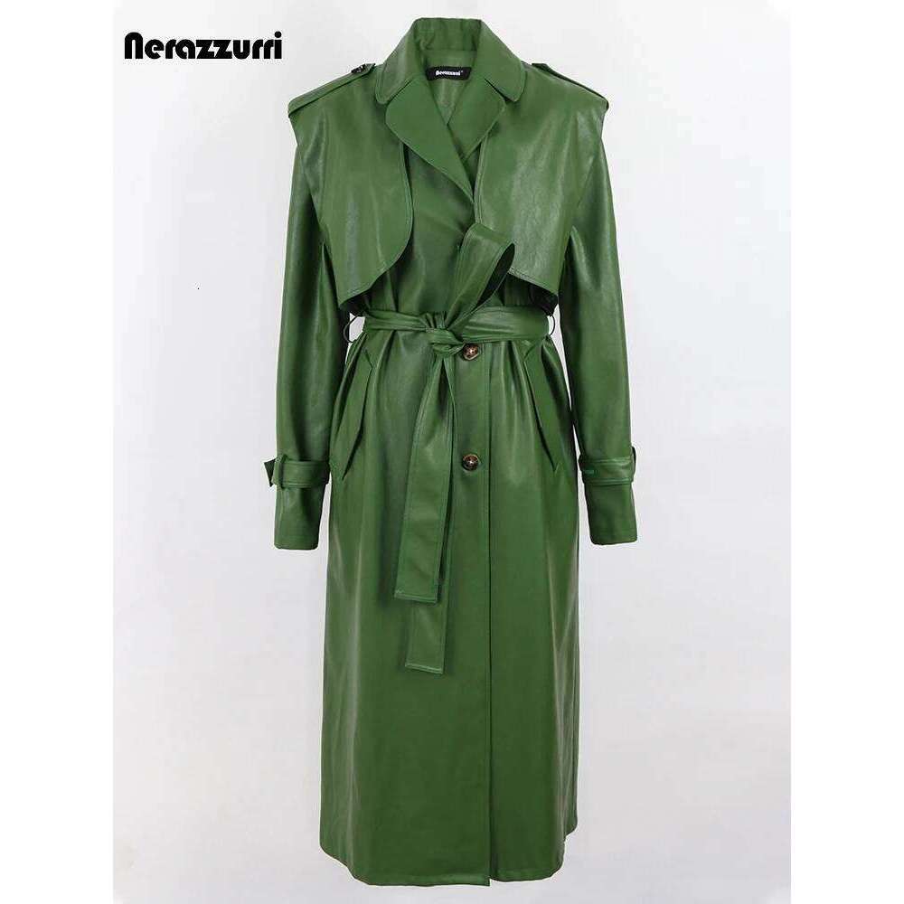 Nerazzurri Autumn Long Cool Green Pu Leather Trench Coat For Women Sashes Single Breasted Stylish Designer Clothes 2022
