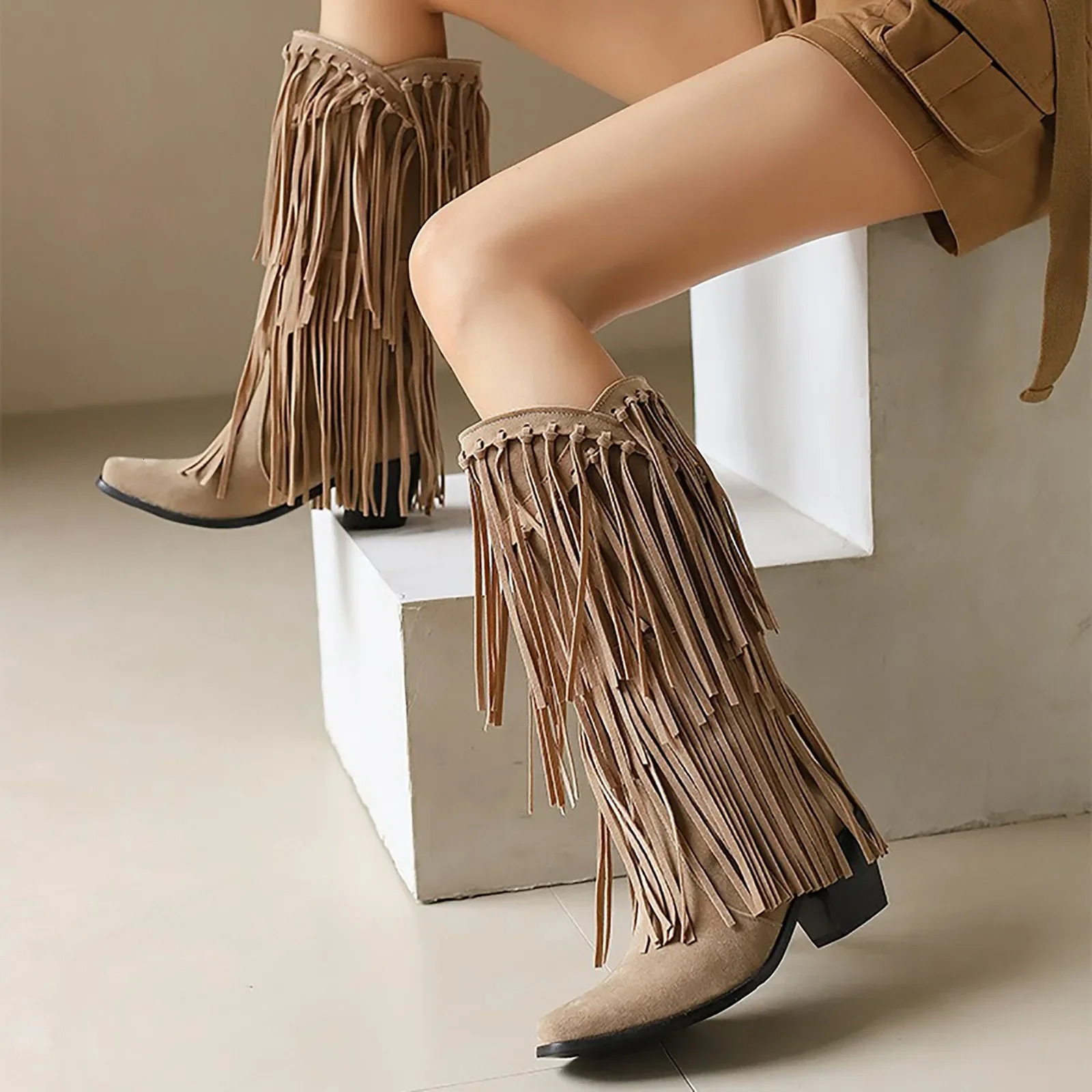 Large Size 45 Women Retro Ethnic Western Cowboy Boots Block Medium Heels Tassel Fringe Kneehigh Boot Lady Winter Shoes Free ship 250716