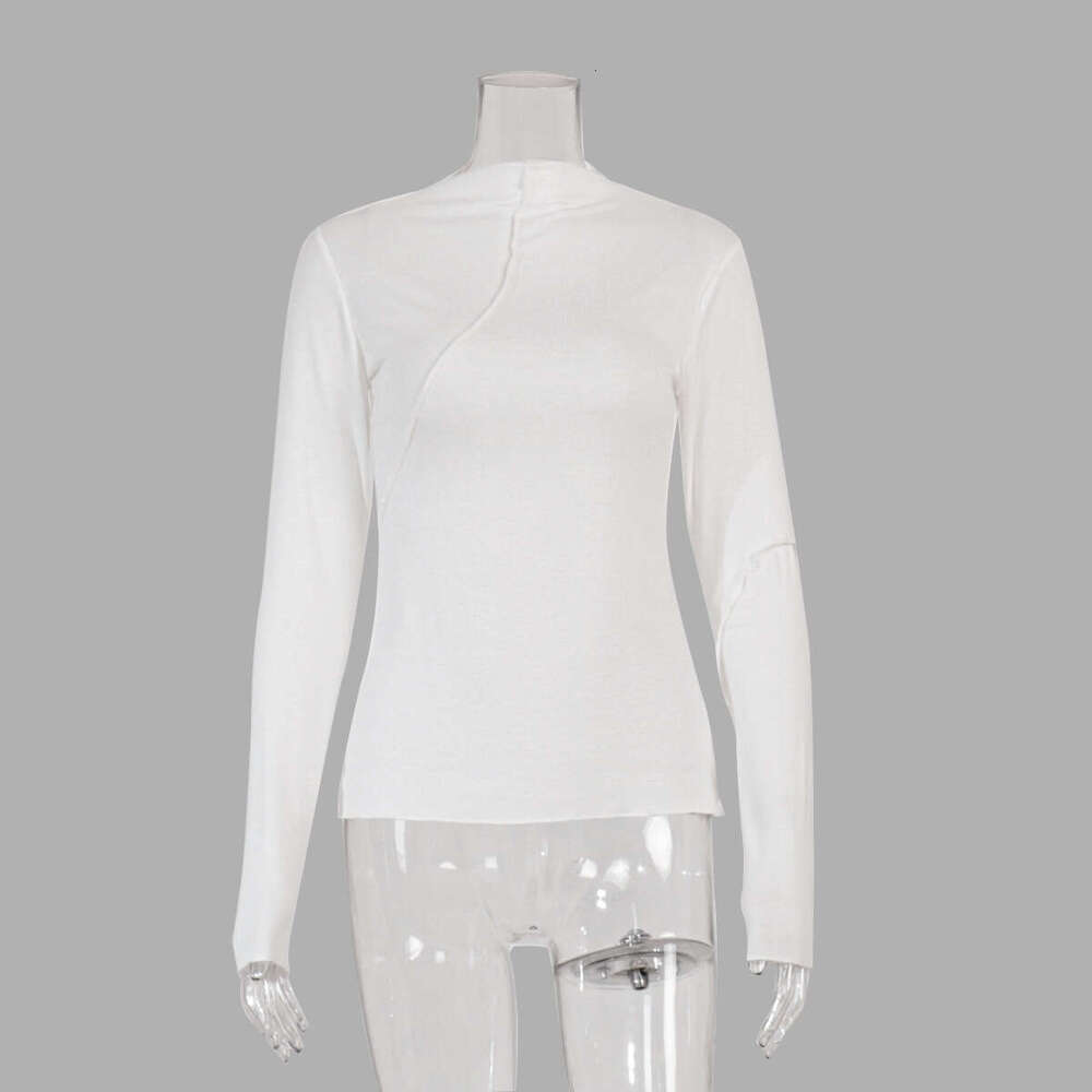 Half Turtleneck Base Shirt Spring Summer Fashion Asymmetric Design Slim Fit Long Sleeve Pullover T-Shirt B5