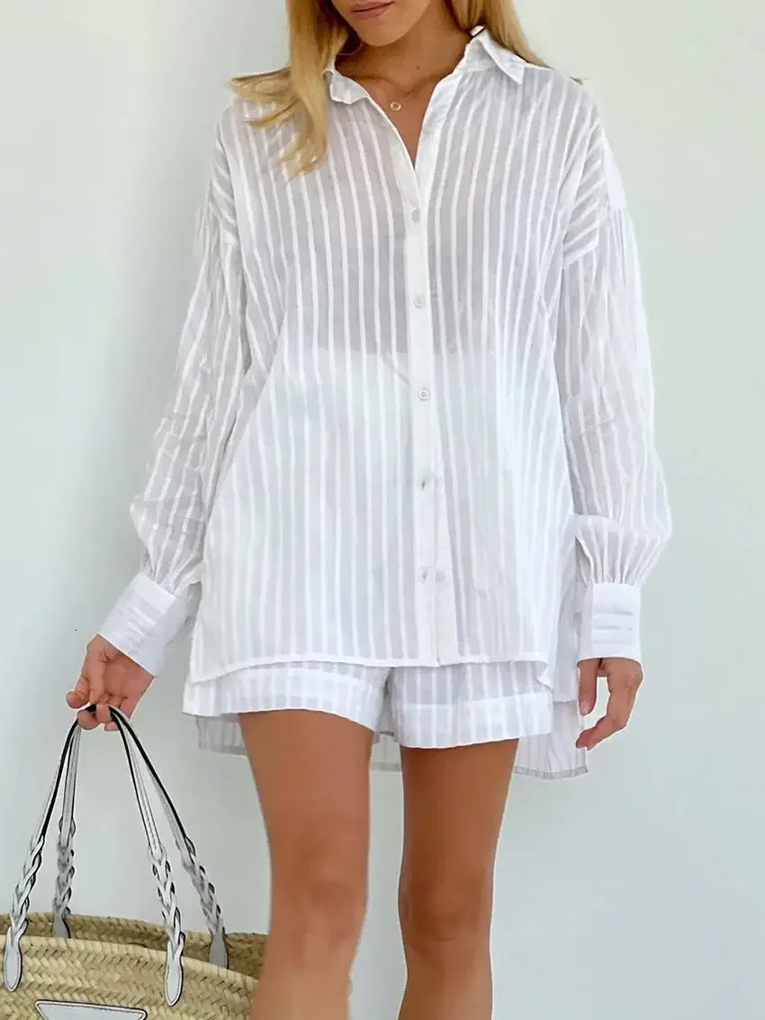 Wolfeel Casual Shorts Sets Striped Jacquard 2 Pieces Cozy Lapel Lantern Sleeve Shirt Summer Outfit Elastic Waist Suits 250714
