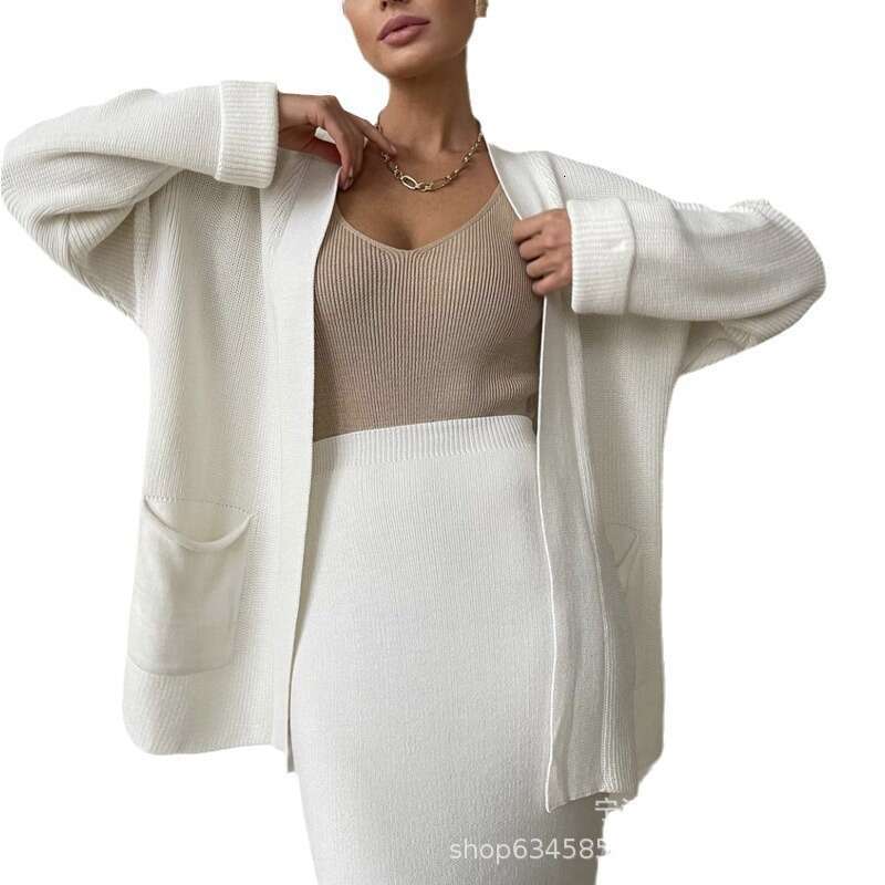 Women's Set Autumn Winter New Loose Cardigan With Belt High Waist Skirt Fashion Knitted Sweater B5