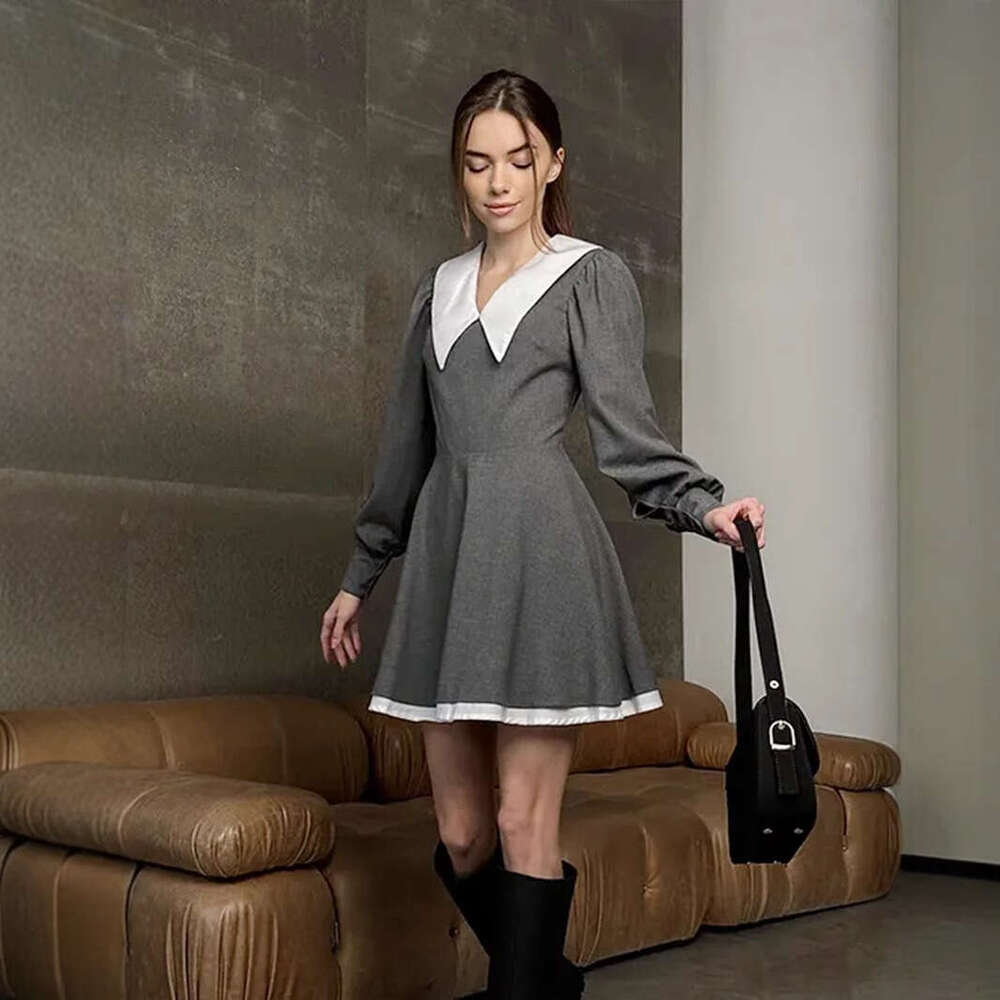 French Style Doll Collar Patchwork Spring New Waist-Cinching Lantern Sleeve Short Dress For Women B5