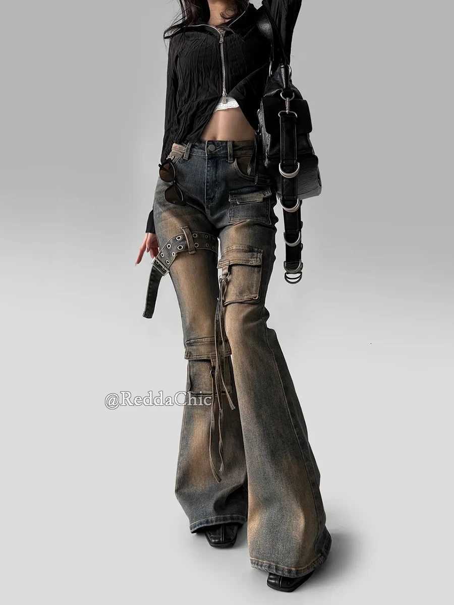Reddachich Women Low Waist Flare Cargo Jeans Vintage Washed Belted Fitted Bootcut Pants Bell Bottoms Do Old Y2K Korean Streetwear R250716