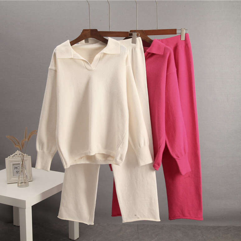 Autumn Winter Solid Color Lapel Women's Loose Knitted Polo Collar Sweater Wide Leg Pants Two Piece Set B5