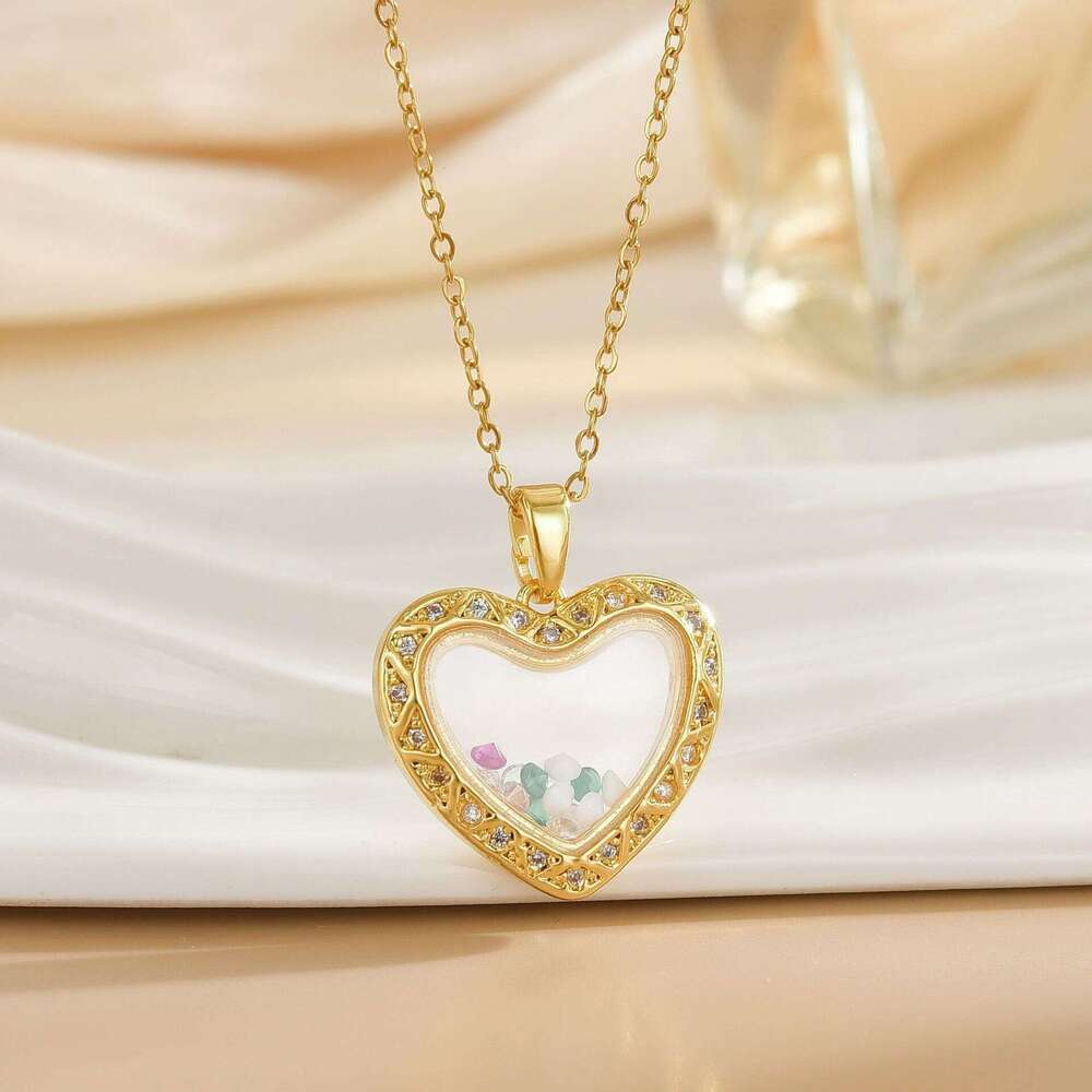 Heart Geometric Necklace For Women, Copper Gold-Plated Zircon Pendant, Niche Design, High-End Clavicle Chain 0Ec