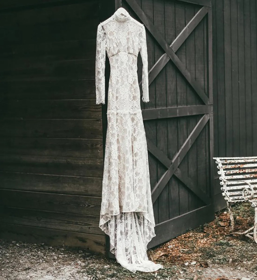 Vintage Full Lace Mermaid Wedding Dresses Long Sleeves HIgh Jewel Neck Backless Sweep Train Wedding Dress Bridal Gowns Vestidos De Noiva