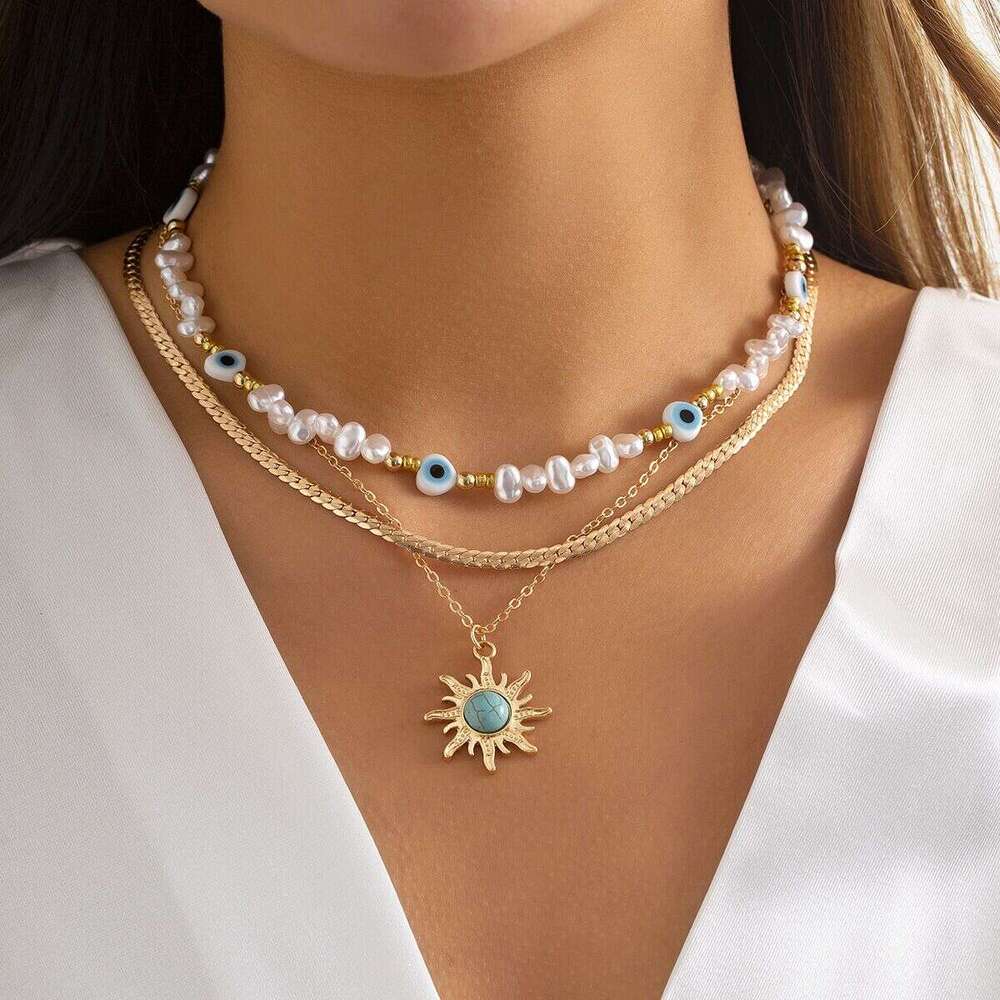 Trendy Eight-Pointed Star Pendant Necklace Layered High-End Demon Eye Imitation Pearl Jewelry for Women