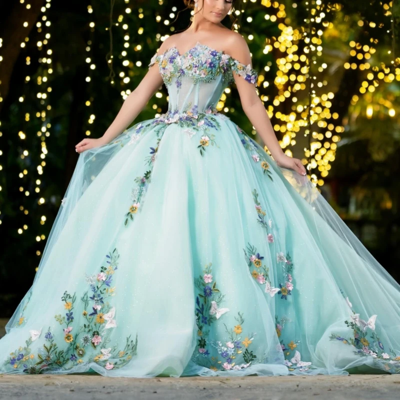 Mint Green Quinceanera Dresses Ball Gown Off The Shoulder Applique Bow Beading Tull Corset Sweet 16 Dress Vestidos 15 De Anos