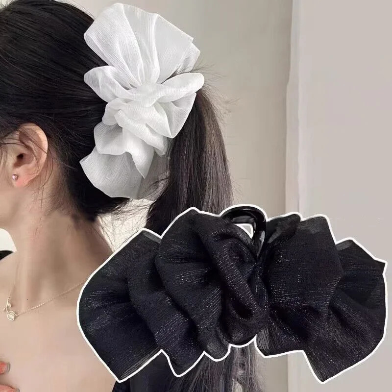 Sweet Mesh Large Bow Hair Claw Clips for Women Solid color Elegant Bowknot Ponytail Clip Girl Headdress Accessories 250716