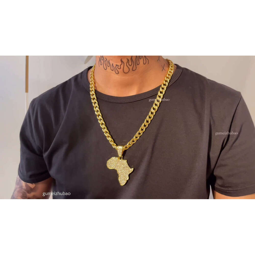 High designer necklaceIced Out Big African Map Pendant Necklaces Men's Hip Hop Gold Color Cuban Link Chain Necklace Men Male Gemstone Miami Rappe