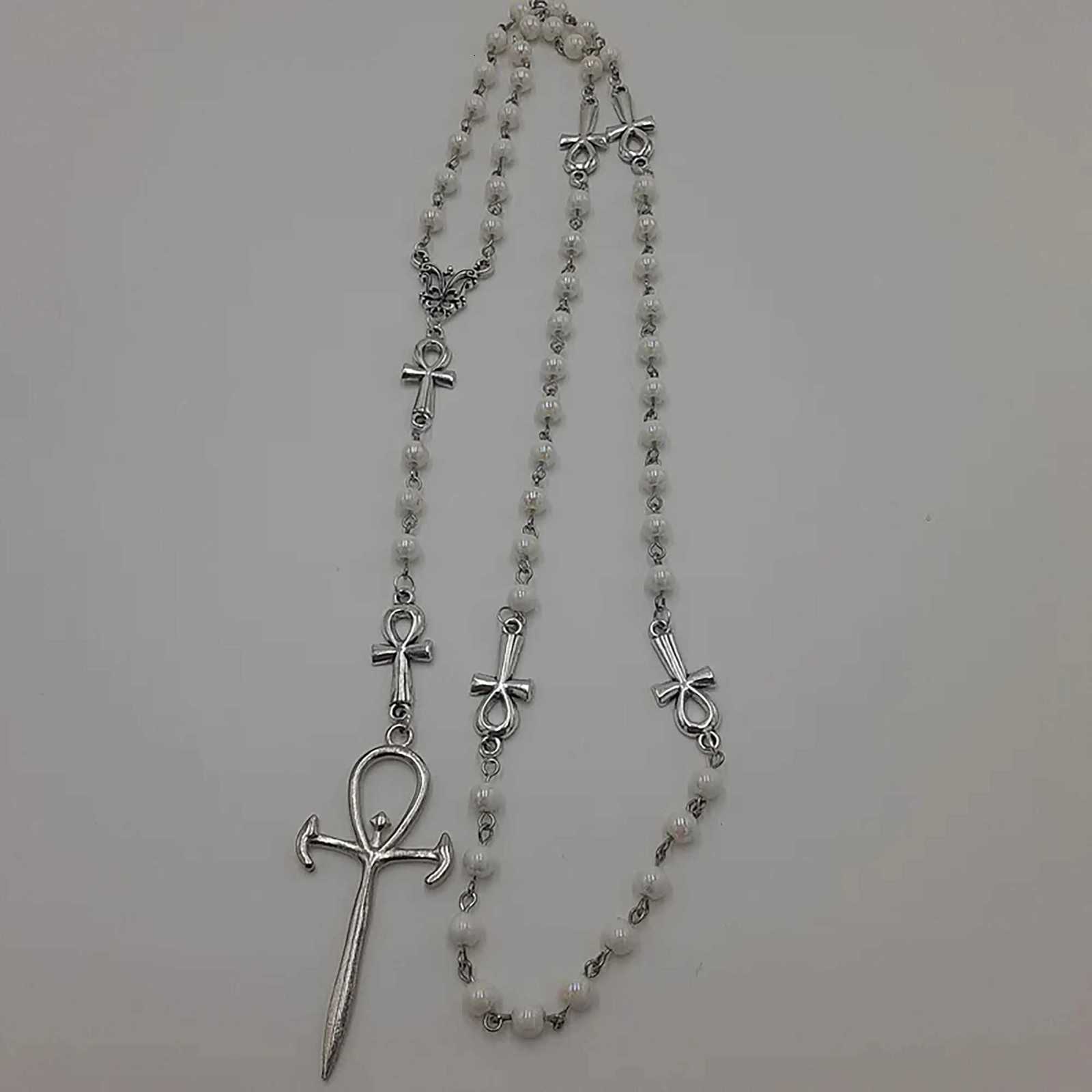 Handmade Pearl Ankh Rosary Occult Vamp Goth Ankh Beads Gothic Vampire Cross Necklace Victorian Cross Egyptian Jewelry GiftXJ250717