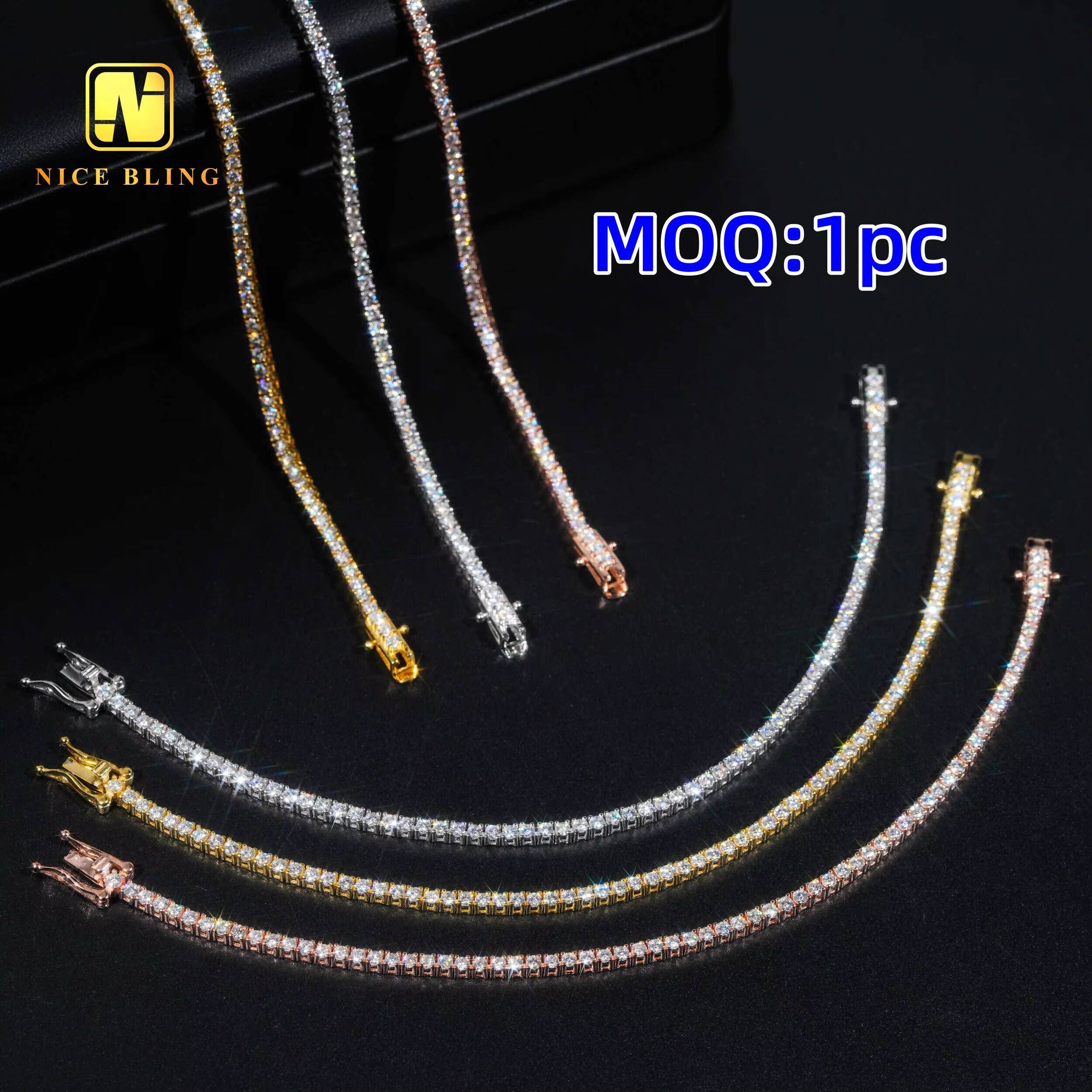Hip Hop Fine Jewelry Tennis Necklace Vvs d Moissanite Tennis Chains Unisex 2mm Sterling Silver Gold Plated Tennis Chains