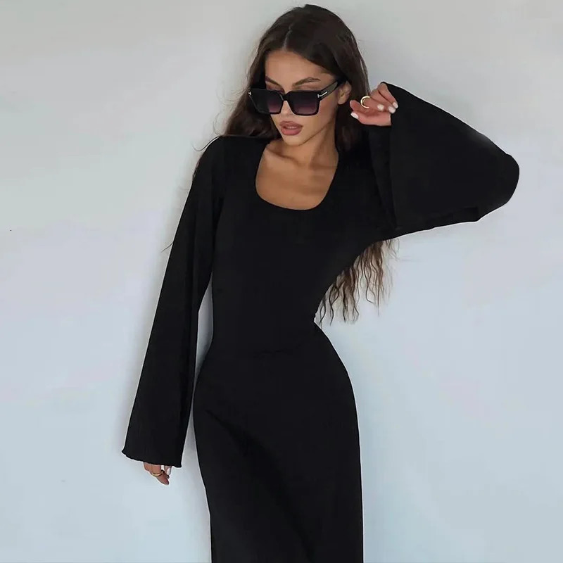 Long Sleeve Women Dress Fashion Square Neck Slim Fit Casual Y2k Elegant Party Club Dresses Black Knitted Evening Dress 250809