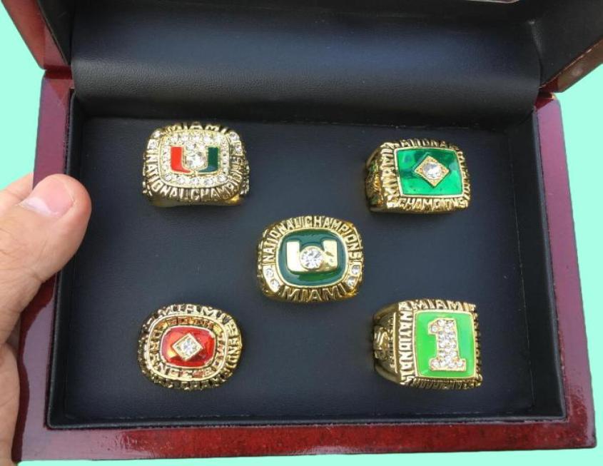 5 Pcs 1983 1987 1989 1991 2001 Miami Hurricanes National ship Ring Set With Wooden Display Box Case Fan Gift 2019 Drop Shipping6748179
