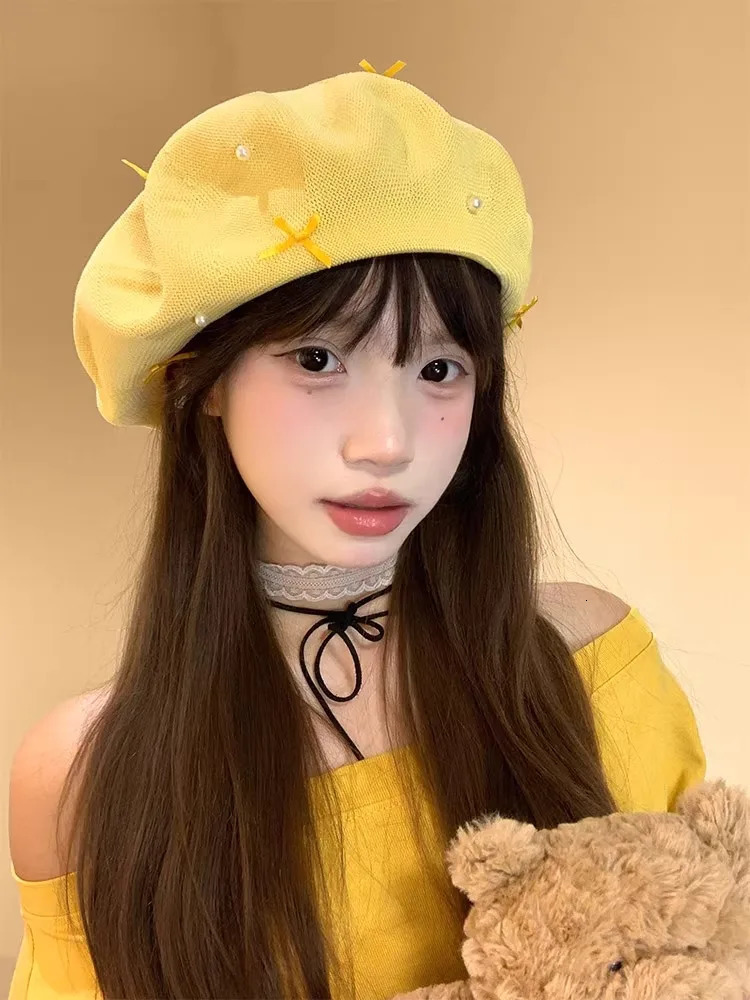 Korean sweet bow yellow beret womens summer thin cut hollow breathable face enhancing small artist hat sboy hat 250716