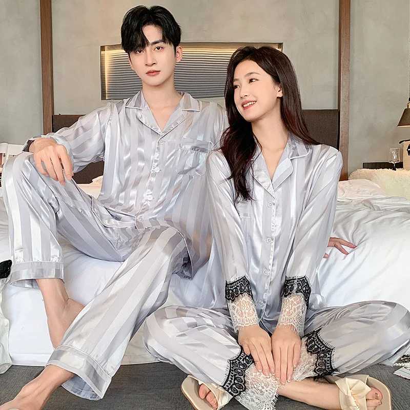 Couple Pajamas Suit Women Male Ice Silk Long-sleeved Sleepwear Summer High-end Loungewear Spring Fall Men Female Striped Pajamas W250717