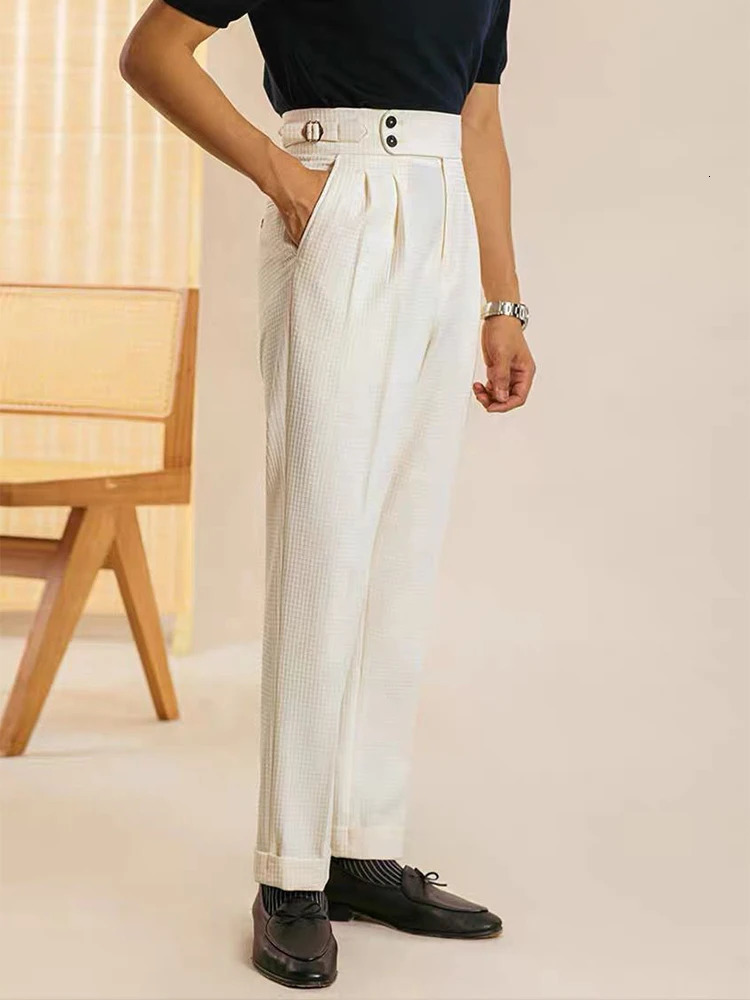 2025 Summer Casual Slim Straight Trousers Mens Naples Style Belt High Waist Suit Pants Men Fashion Waffle Plaid Solid Pants 250707