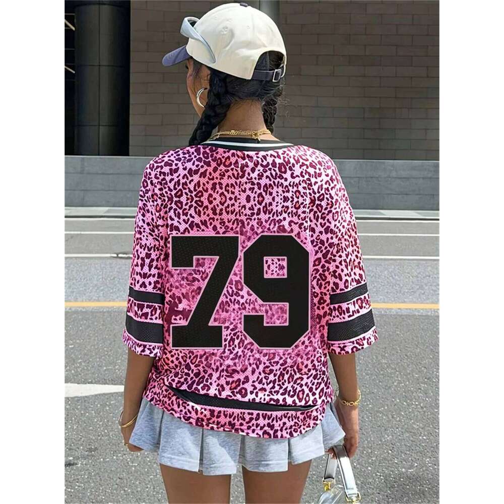Summer Women'S New Leopard Print Digital Printed Mesh Jersey T-Shirt V Loose And Sexy Short Sleeved Street Wear Y2k Casual Top