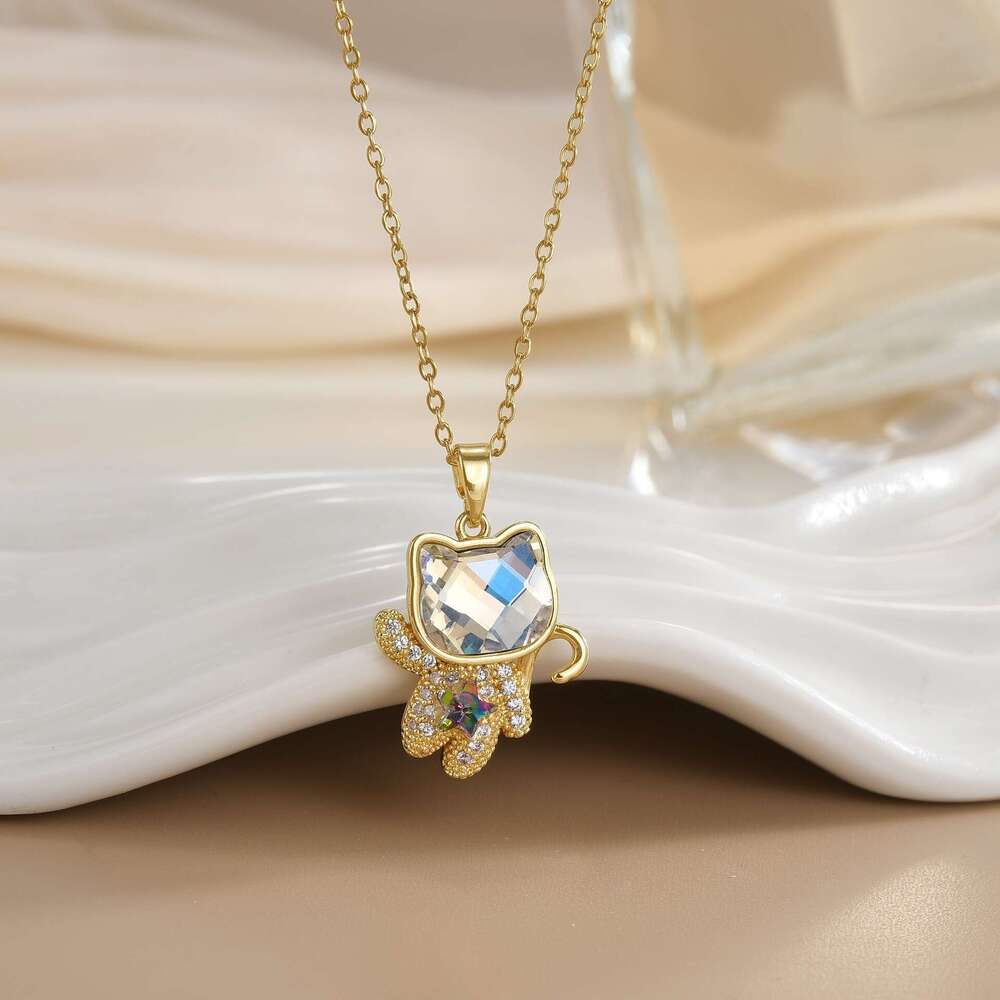 Fashion Versatile Copper Zircon Electroplated Real Gold Colorful Bear Pendant For Women Light Niche Design High-End Necklace 3C5