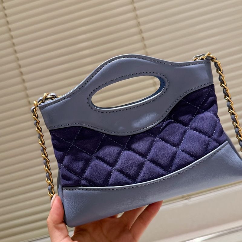 Womens Suede Clutch 31 Bag Tote Patchwork Leather Handle Golden Metal Hardware Quilted Diamond Pattern Woven Chain Luxury Shoulder Handbag Cross Body Purse 20cm