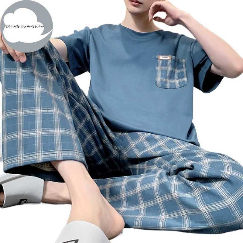 Summer Knitted Plaid Cool Mens Pajamas Casual Short Tops +Long Pants Sets Mens Sleepwear Nightwear Pijamas 4XL Homewea W250717