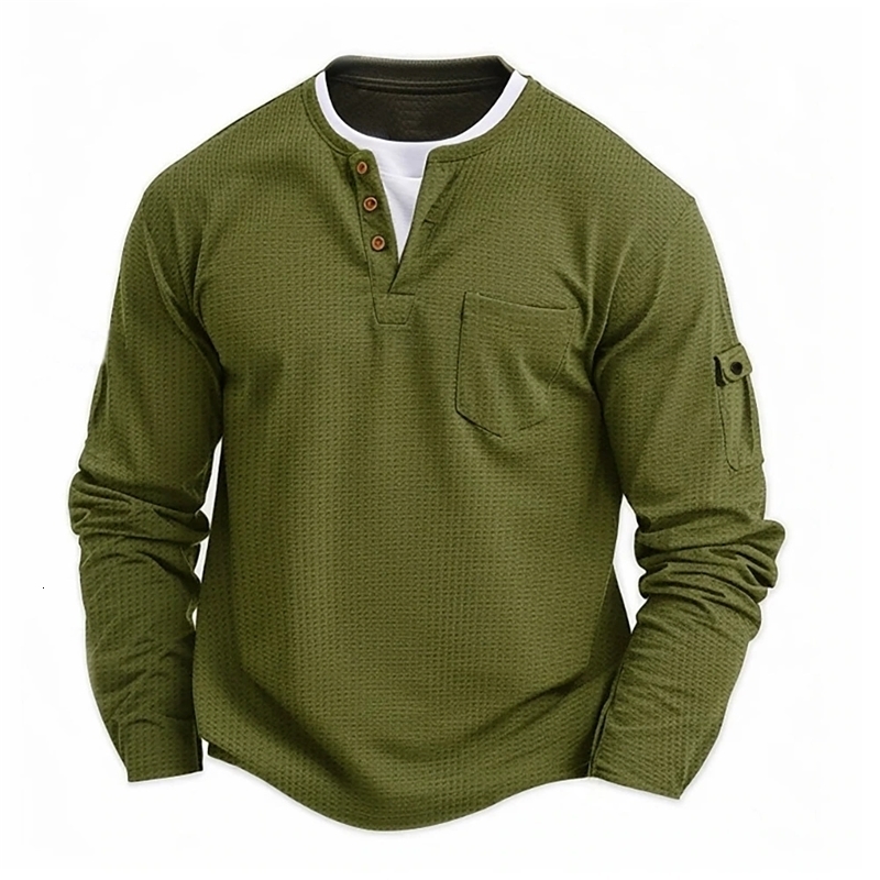 Mens Button Henley neck Shirt Long Sleeve Casual Solid color TShirt Fashion Waffle Cotton twopiece y250707