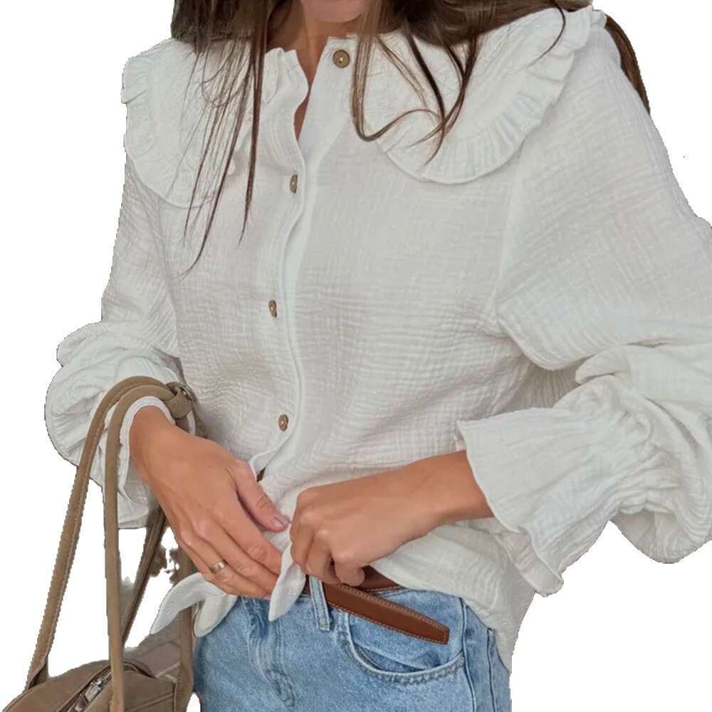 Pure Cotton Doll Collar Summer New Ruffled Lantern White Long Sleeve Shirt For Women B5