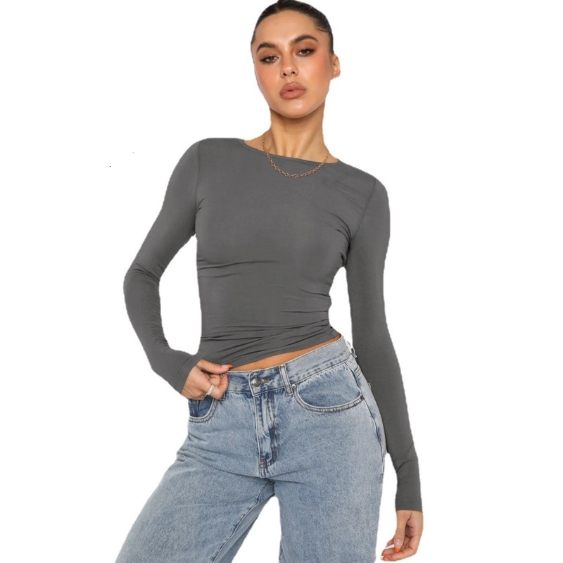 A23 Womens Yoga Long Sleeve Shirt Blouse Solid Color Sports Fitness Women Round Neck Jogging Sportswear Breathable