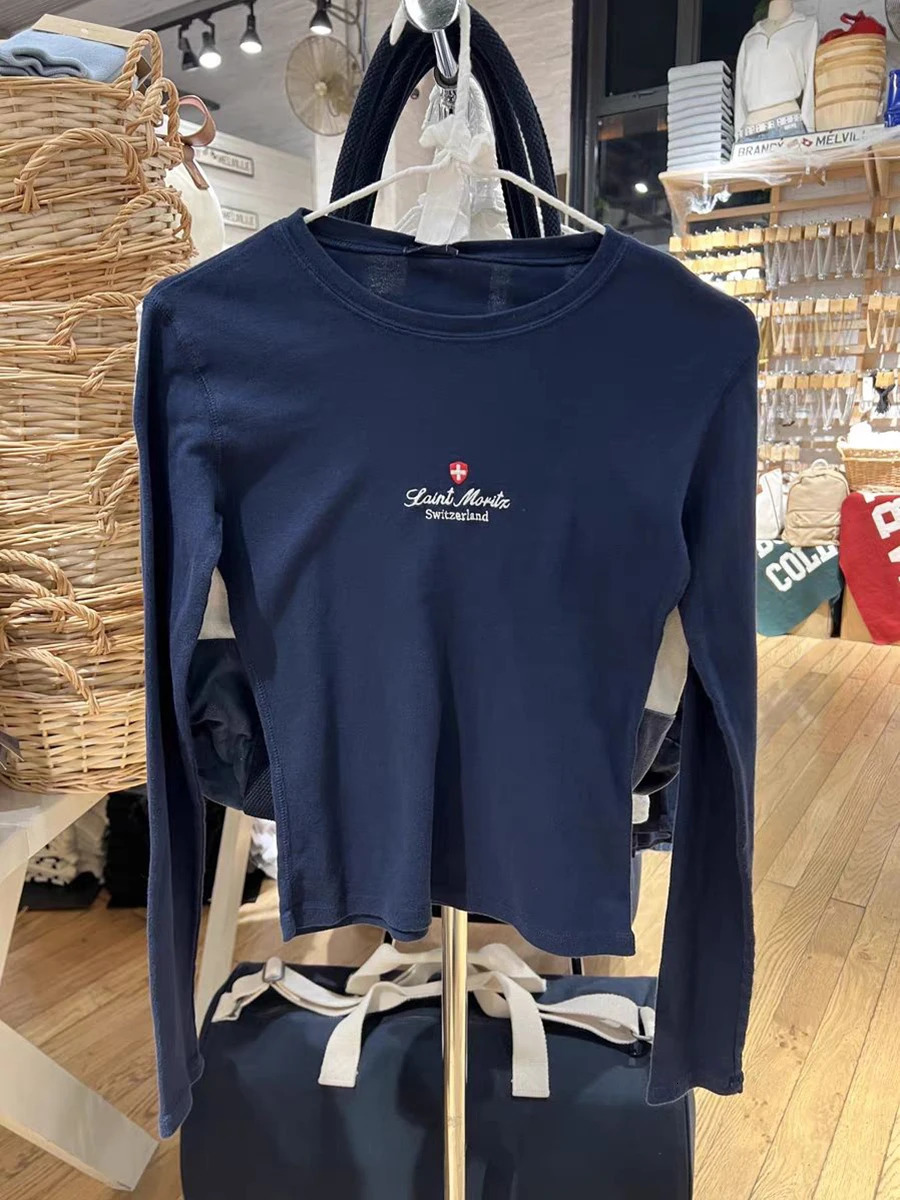 Letter Embroidery Long Sleeve T-shirt Woman Autumn Round Neck Cotton Slim Tee Shirt Navy Vintage Streetwear Sweet Tshirt Y2k Top 250717