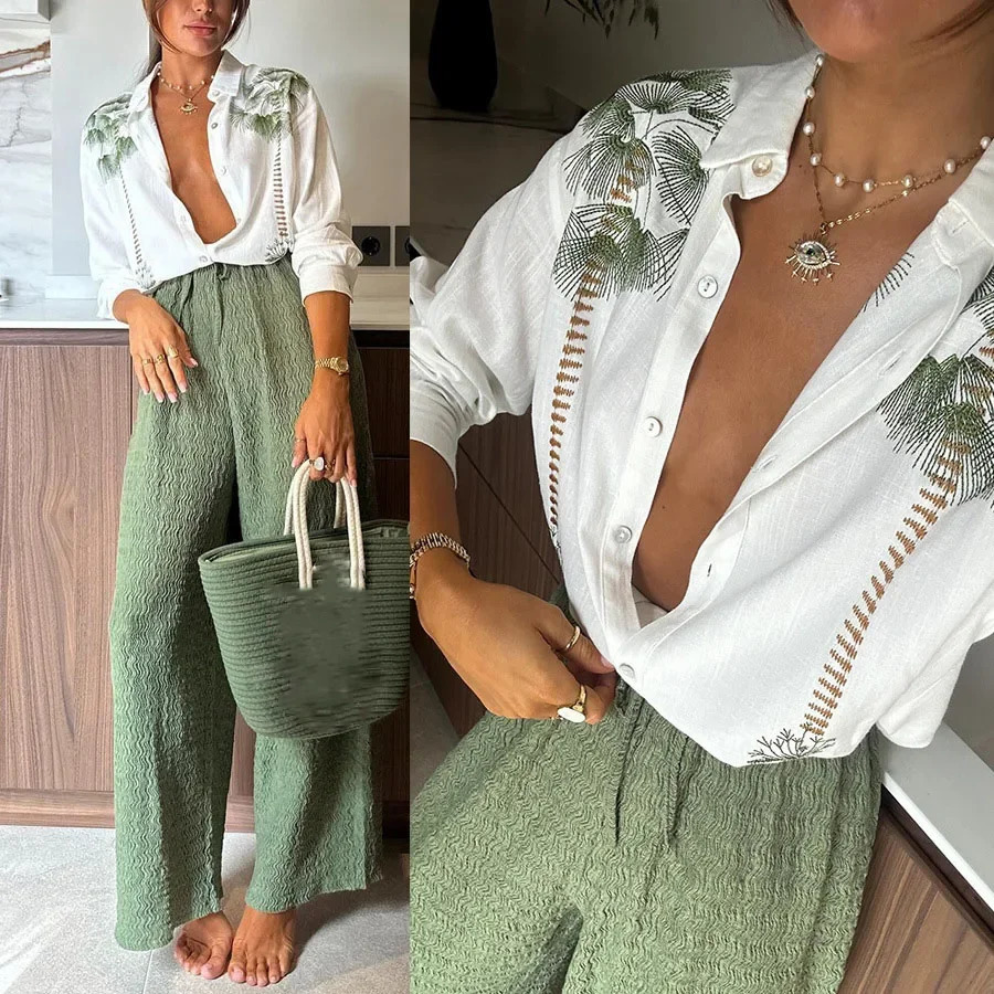 Casual Print 2 Piece Set Women Loose Single Breasted Lapel Set Female Autumn Long Sleeves High Waist Lace Up Trousers Sets Lady 250715
