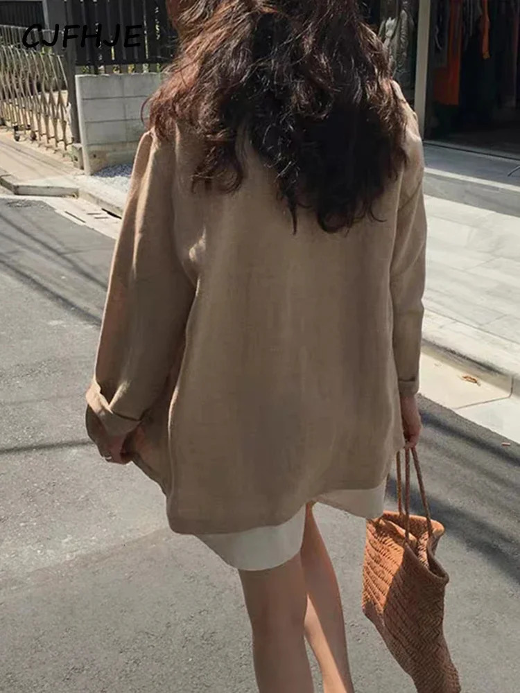 CJFHJE Khaki Office Lady Blazer Casual Thin Cotton Linen Blazers Female Spring Autumn Korean Retro Loose Suit Jackets Women 250715