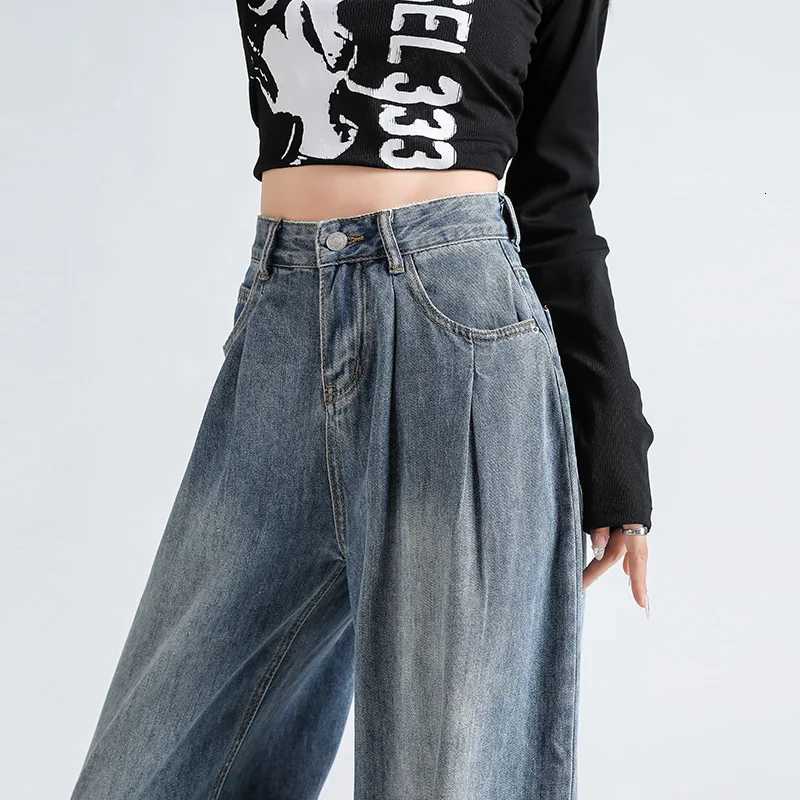 Autumn Woman Jeans High Waist Wide Leg Cotton Denim Clothing Straight Pants Fashion Comfort Retro Blue Casual Trousers R250716