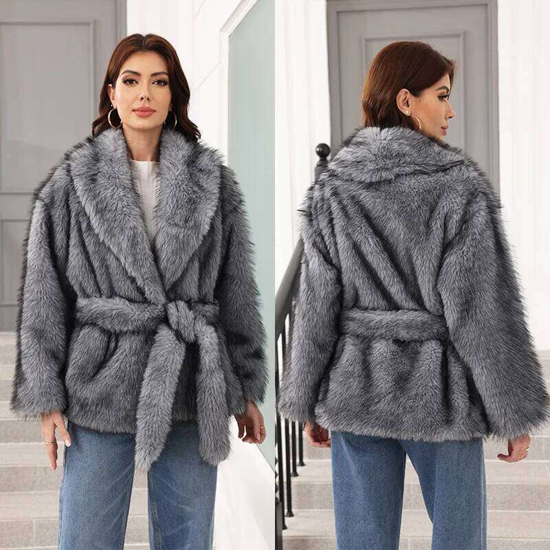 Women Loose Lacing Faux Coat Brand Simple Advanced Design Solid Fur Fall Street Trend Warm Belt Mid-Length Fluffy