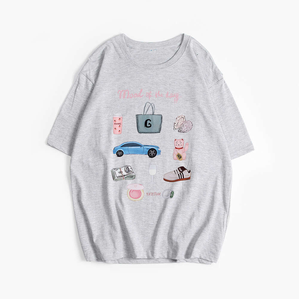 Hand-Painted Print T-Shirt For Women, Summer New Versatile Loose Round Neck Pure Cotton Short Sleeve Top Ins B5