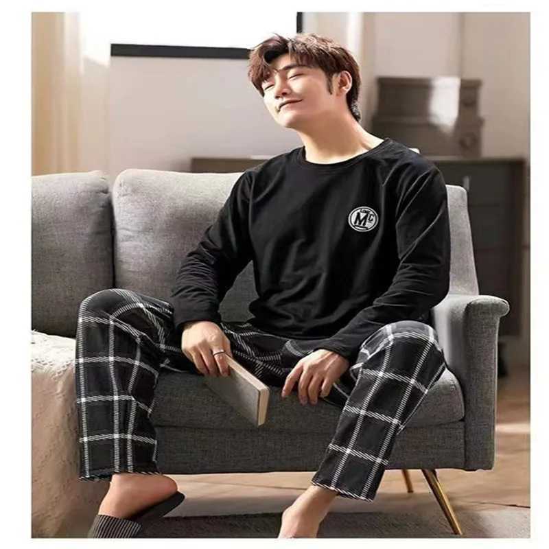 Summer Mens Pajamas 2024 New Long-Sleeved Large Size Youth Home Wear Suit Black Plaid Trousers Two-Piece Set Can Be Worn Outdoors W250717