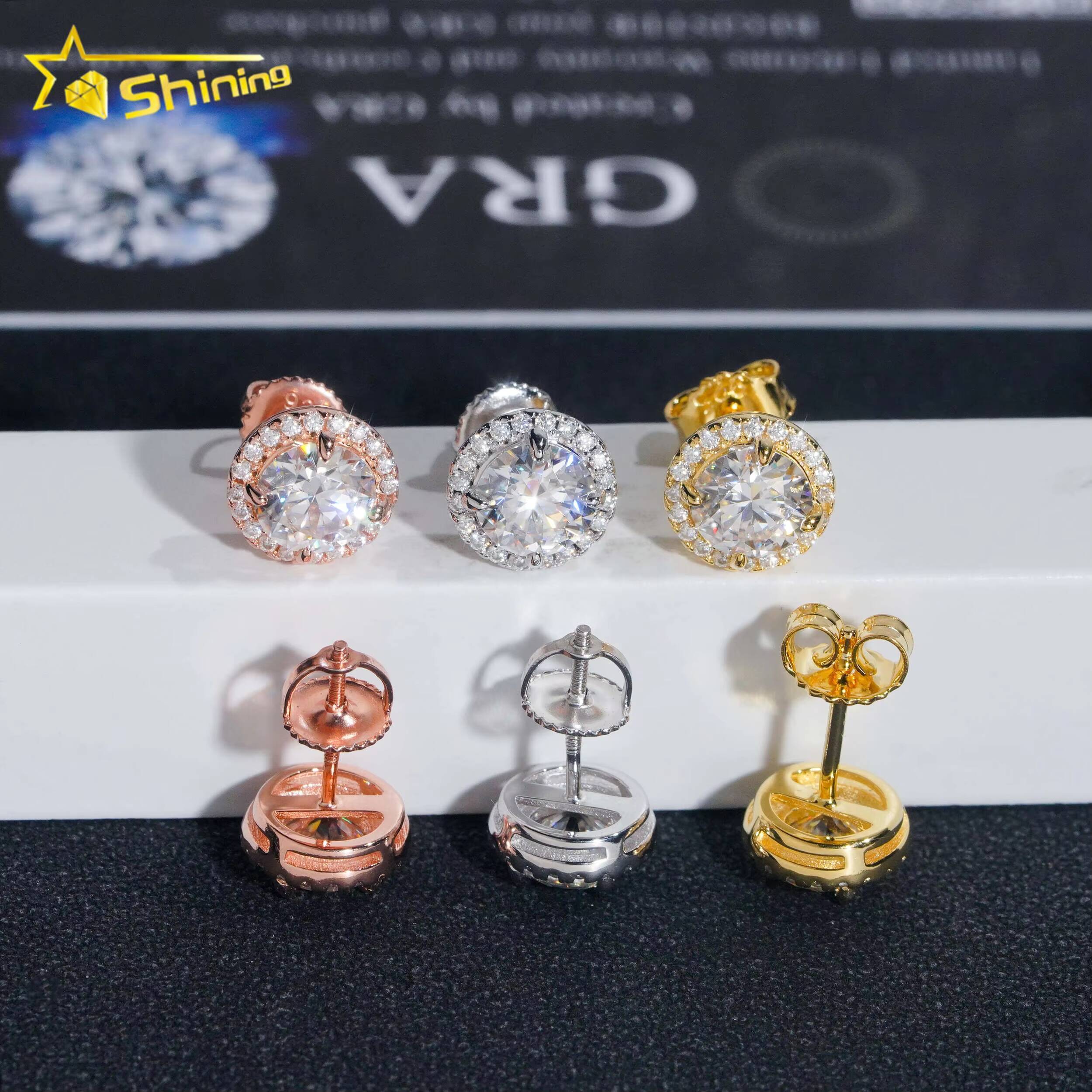 Ready to Ship Hip Hop Style Diamond Tester Certified 925 Silver Gold Plated VVS Diamond Moissanite Stud Earrings