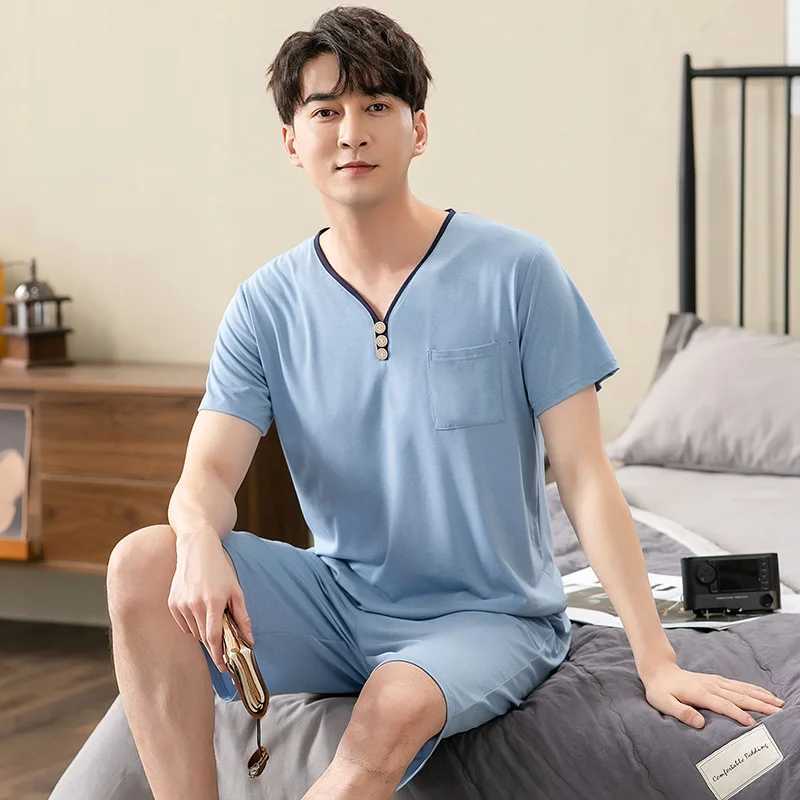 New V-Neck Modal Cotton Mens Summer Short Sleeve Shorts Pajamas Set Big Size M-4XL Sleepwear Leisure Suits Nightwear Mens Pajamas W250717