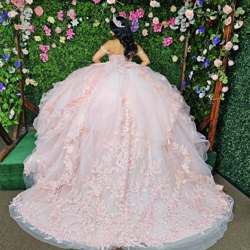 Pink Quinceanera Dresses Ball Gown Off The Shoulder Applique Lace Beads Tull Corset Party Birthday Sweet 16 Dress Vestidos De 15 Anos