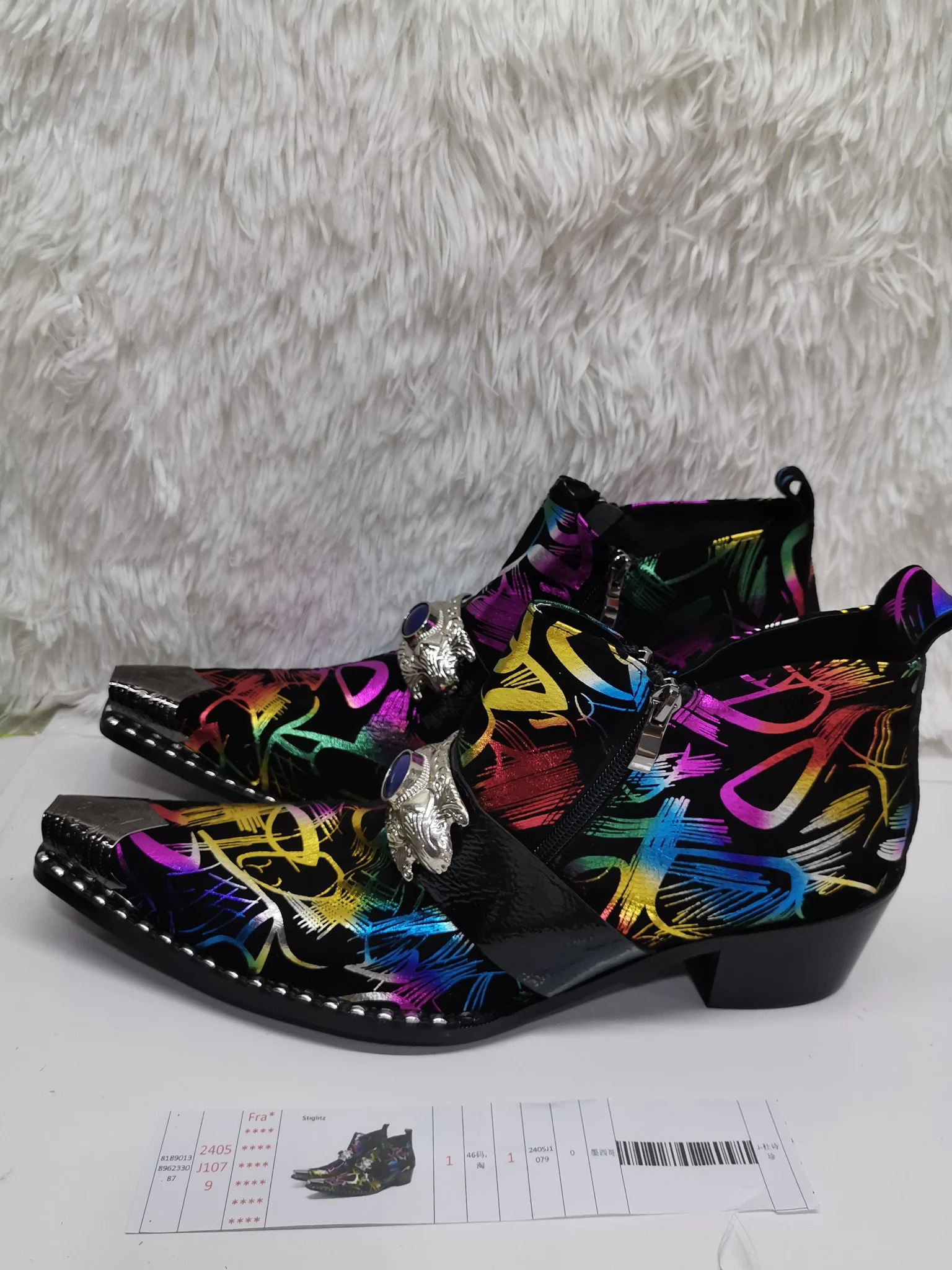 Graffiti Ankle Boots for Men Pearl Metal Decor High Heels Leather Western Mens Boots Zip Street Style Man Shoes High Quality 250715