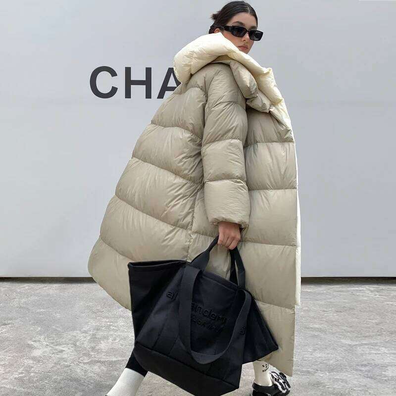 Janveny Fluffy White Duck Down Jacket Women Winter Thickness Warm Long Puffer Coat Hooded Female Fashion Fake Two-Piece Parkas MDNG