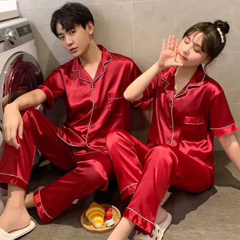 Spring Silk Satin Pajamas Couple Set Summer Short Sleeve Button-Down Sleepwear Women Men Solid Color Loungewear Plus Size Pj Set W250717