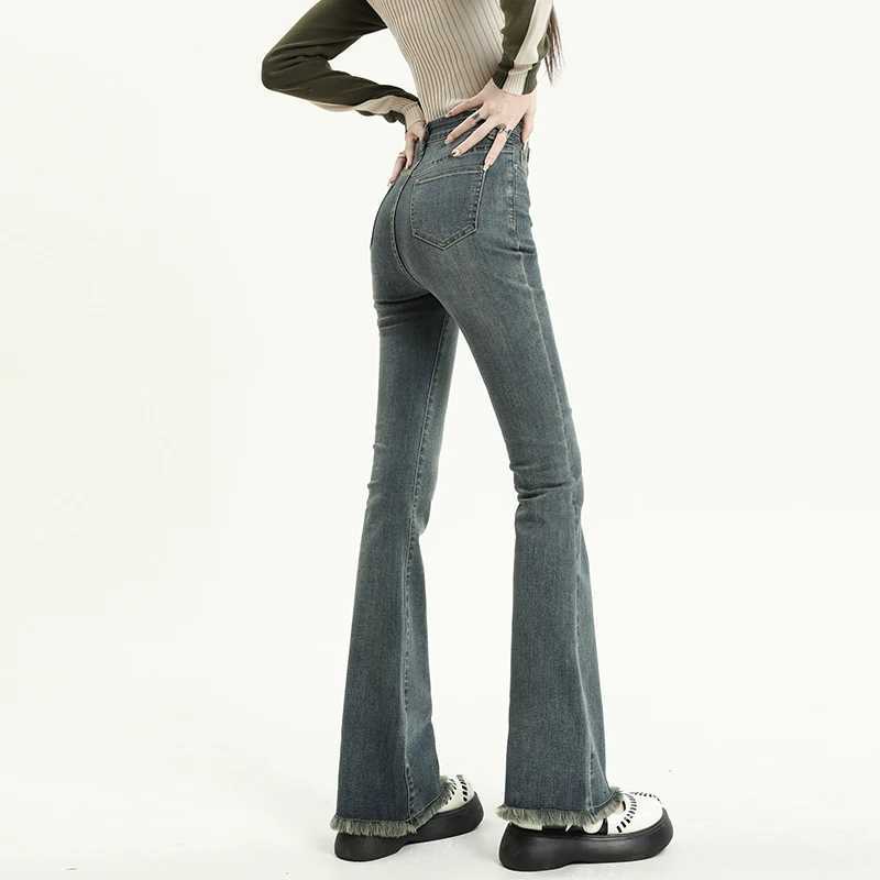 ousyu Summer Flared Jeans Women Cotton Vintage Blue Denim Pants Streetwear Elastic High Waist Slim Harajuku Trousers R250716