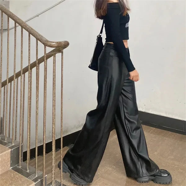 Plus Size HighWaisted StraightLeg Black PU Leather Trousers Casual FloorLength Spring Autumn N WideLeg 250704
