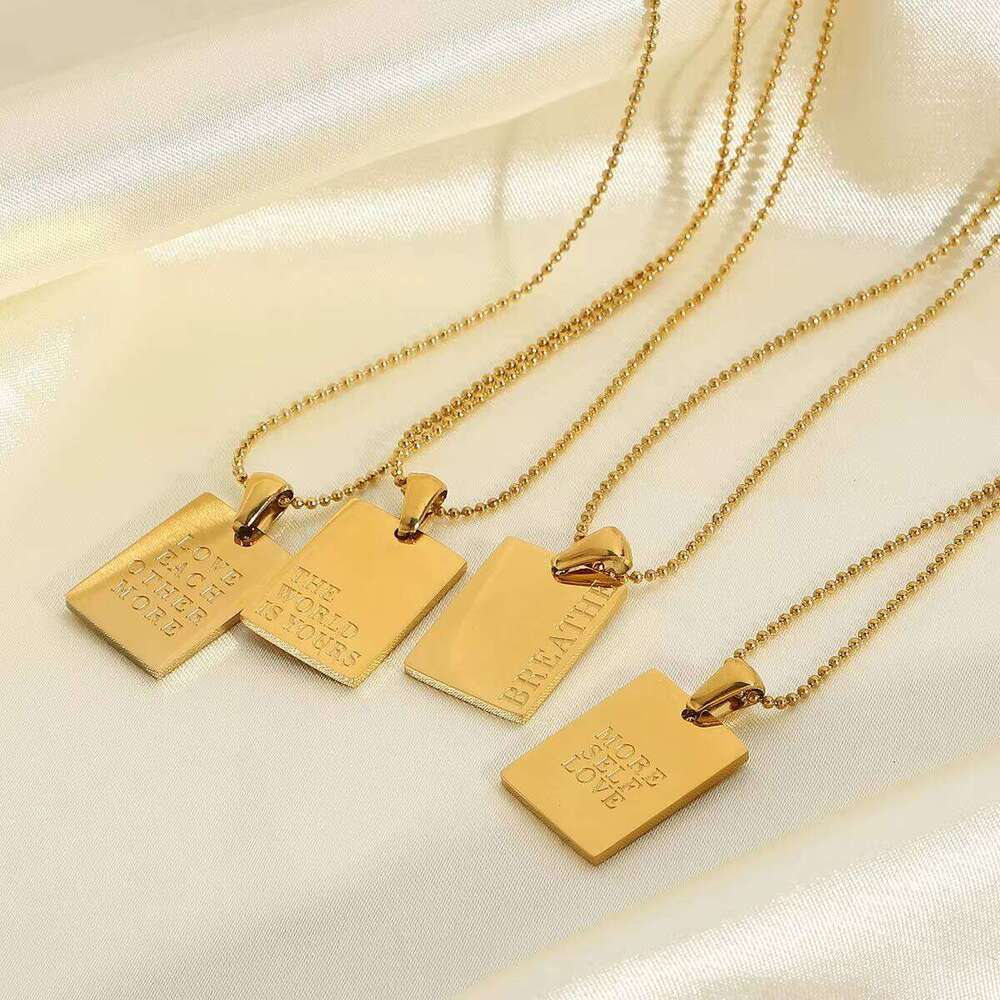Stainless Steel Text Letter Square Pendant Necklace