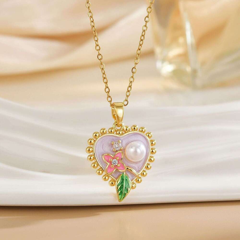 Vintage Oil Painting Style High-End Necklace Monet Flower Round French Light Jewelry For Women Baroque Pearl Collarbone Chain 0C4